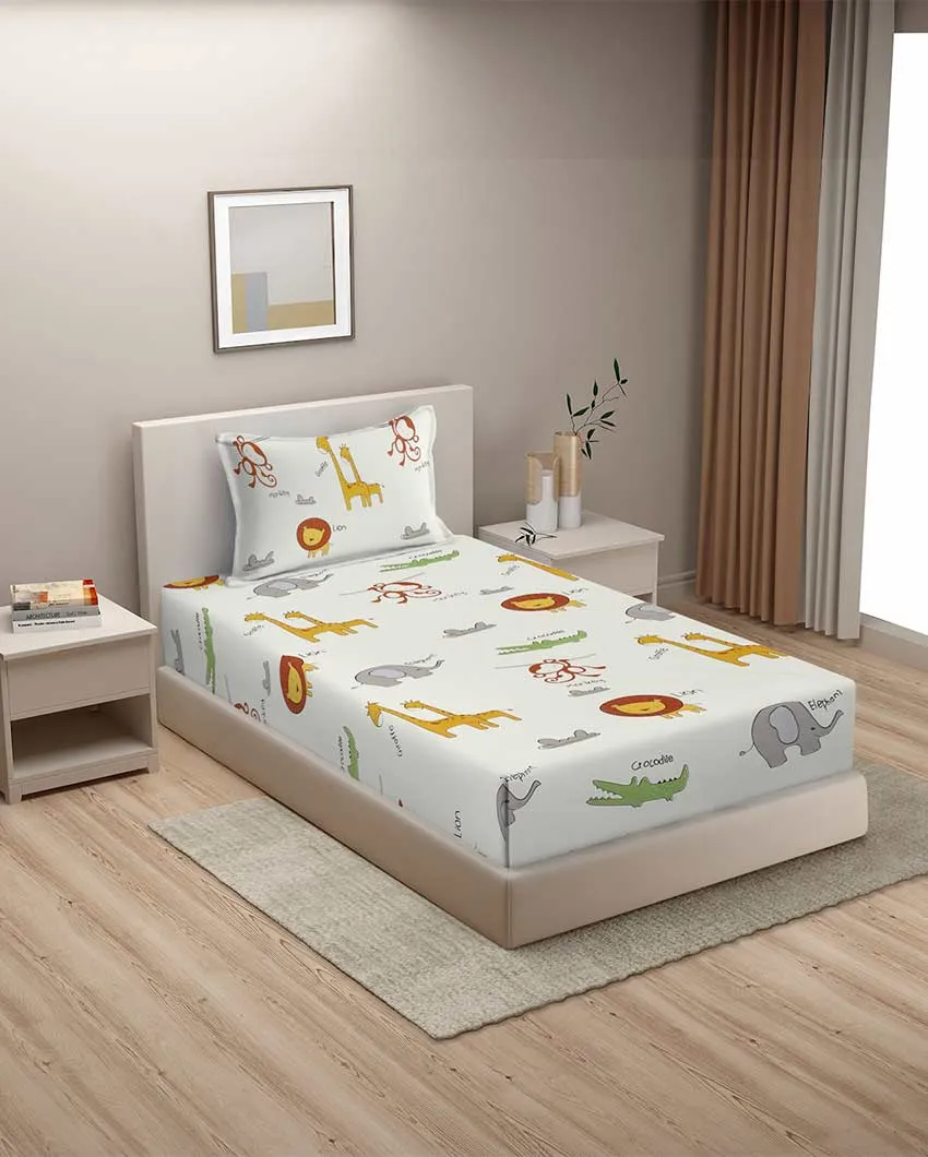 Off-White Animal Print Glace Cotton Single Flat Bedsheet with King Size Pillow Cover | 90 x 60 Inches