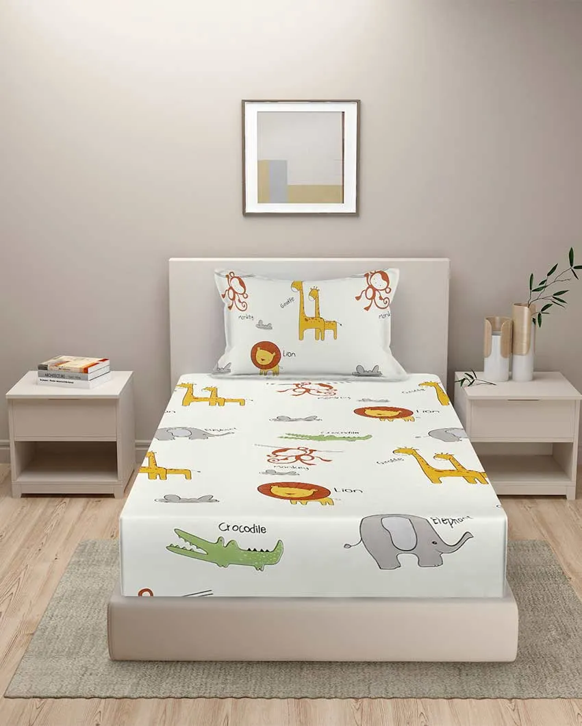 Off-White Animal Print Glace Cotton Single Flat Bedsheet with King Size Pillow Cover | 90 x 60 Inches