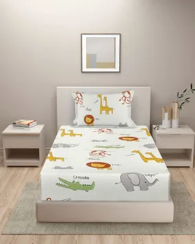 Off-White Animal Print Glace Cotton Single Flat Bedsheet with King Size Pillow Cover | 90 x 60 Inches