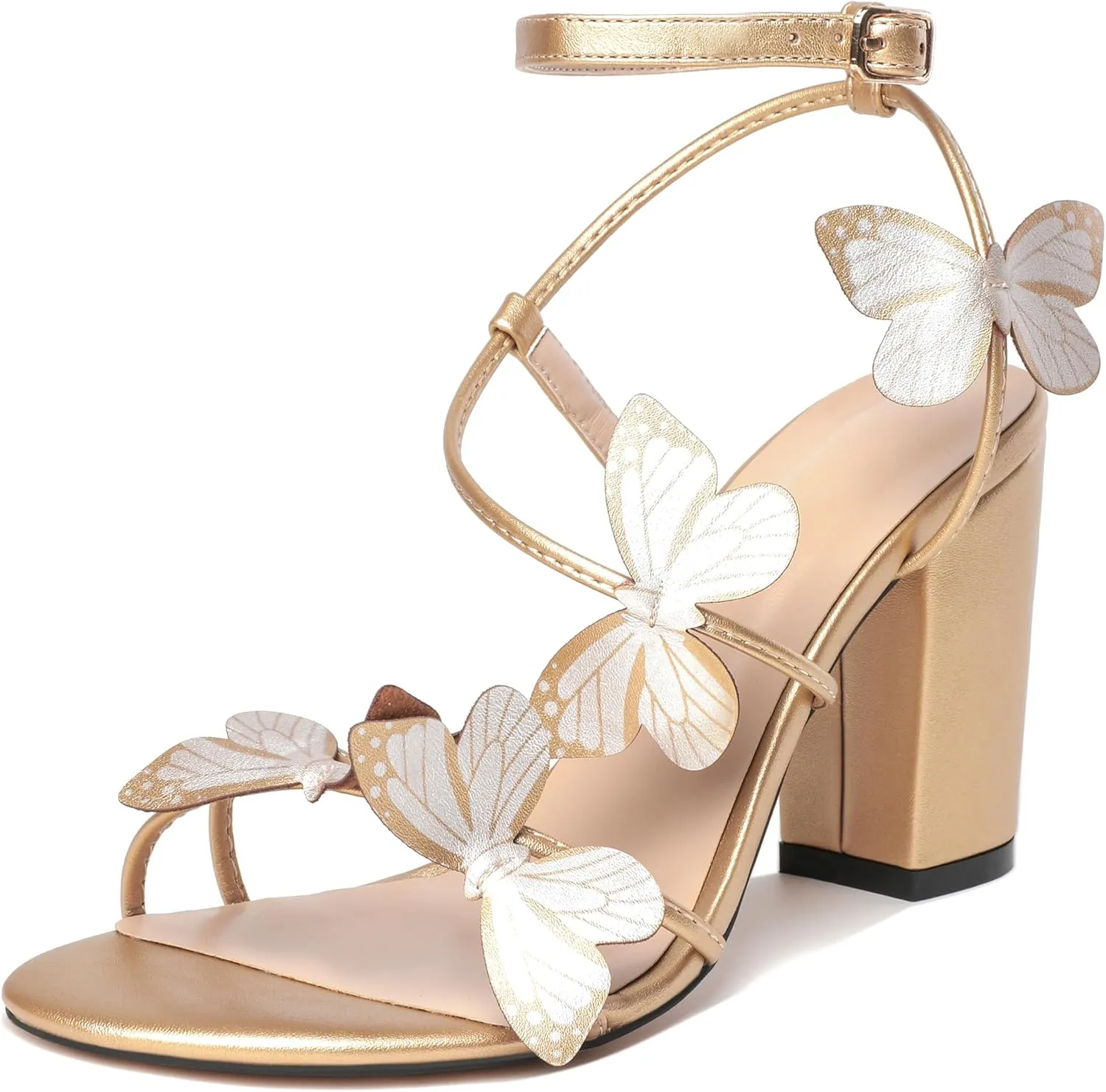 AUMOTED Womens Butterfly Sandals Chunky Block High Heels Strappy Open Round Toe Butterfly Heels 3.4 Inch Wedding Dress Shoes
