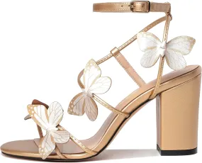 AUMOTED Womens Butterfly Sandals Chunky Block High Heels Strappy Open Round Toe Butterfly Heels 3.4 Inch Wedding Dress Shoes