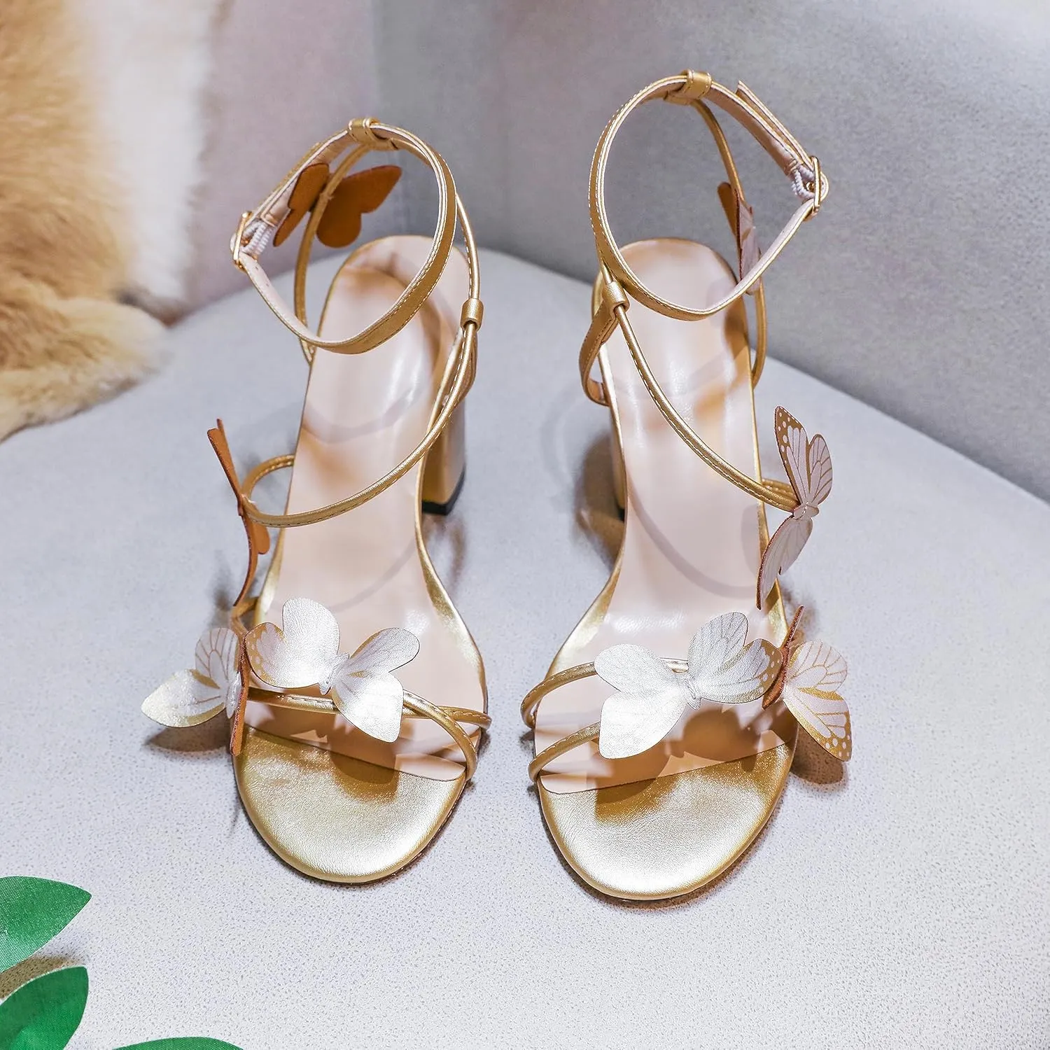 AUMOTED Womens Butterfly Sandals Chunky Block High Heels Strappy Open Round Toe Butterfly Heels 3.4 Inch Wedding Dress Shoes