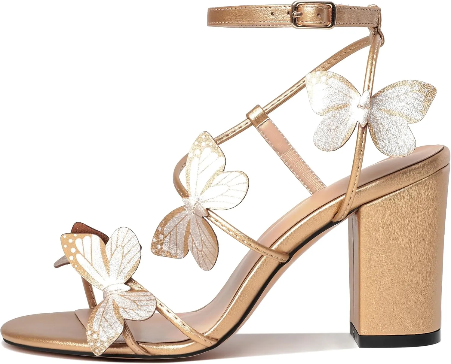 AUMOTED Womens Butterfly Sandals Chunky Block High Heels Strappy Open Round Toe Butterfly Heels 3.4 Inch Wedding Dress Shoes