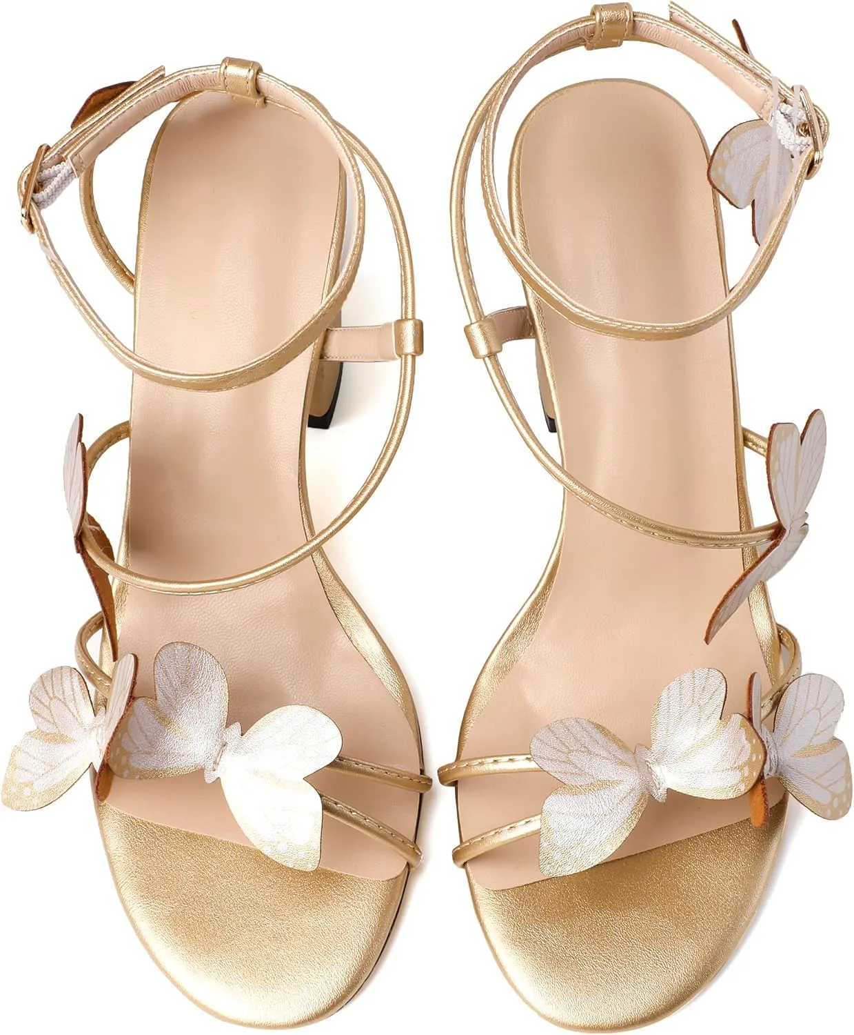 AUMOTED Womens Butterfly Sandals Chunky Block High Heels Strappy Open Round Toe Butterfly Heels 3.4 Inch Wedding Dress Shoes