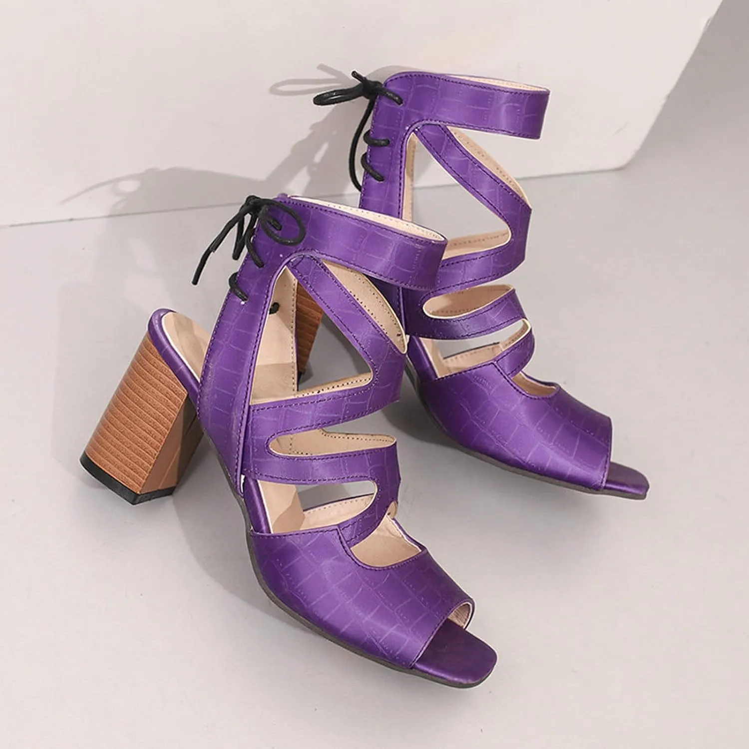 Comfortable Walking Strappy Open Toe Sandals Tie Thick Heel Big Size Women's Shoes Summer High Heeled Sandals