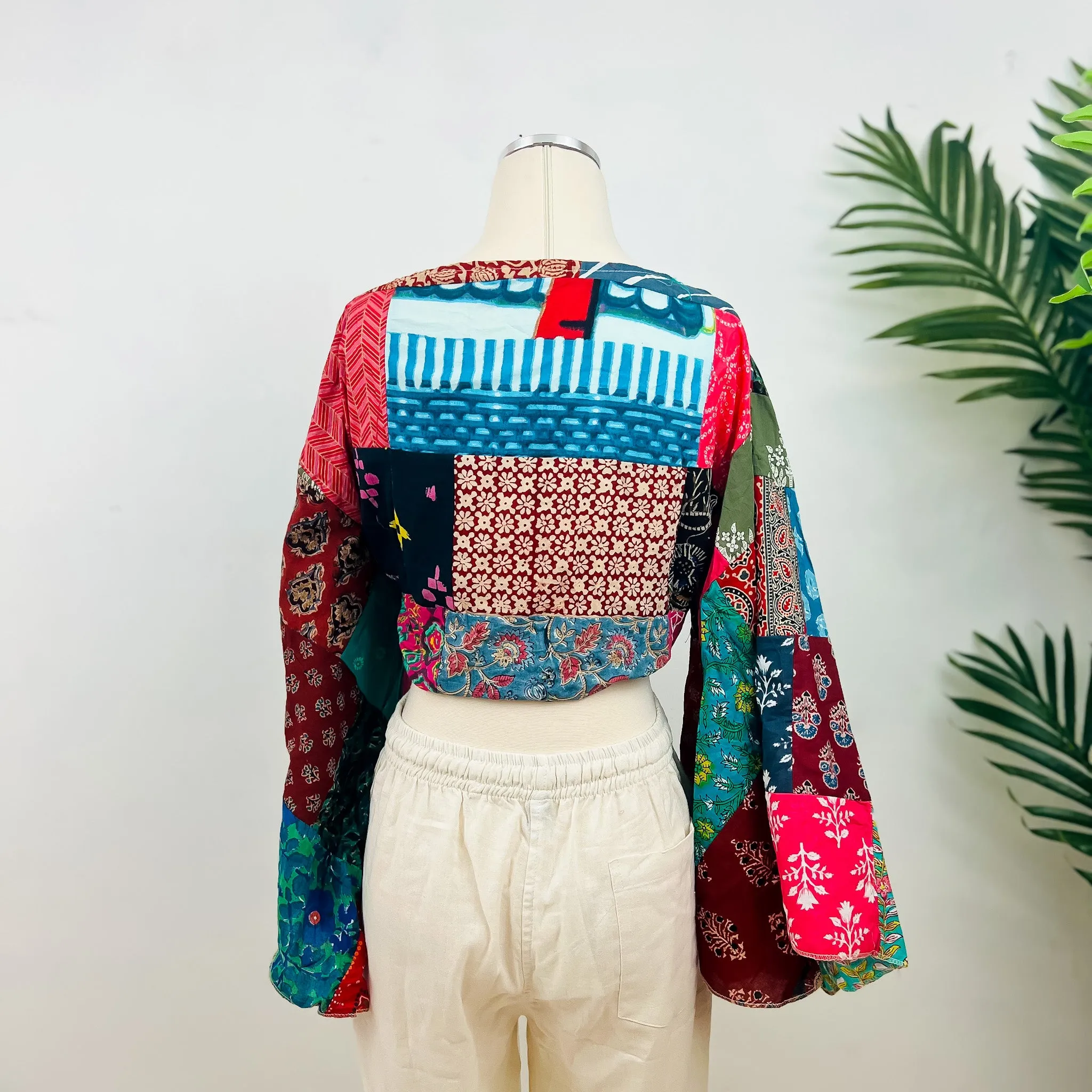 Cotton Patchwork Bell Sleeve Tie Top