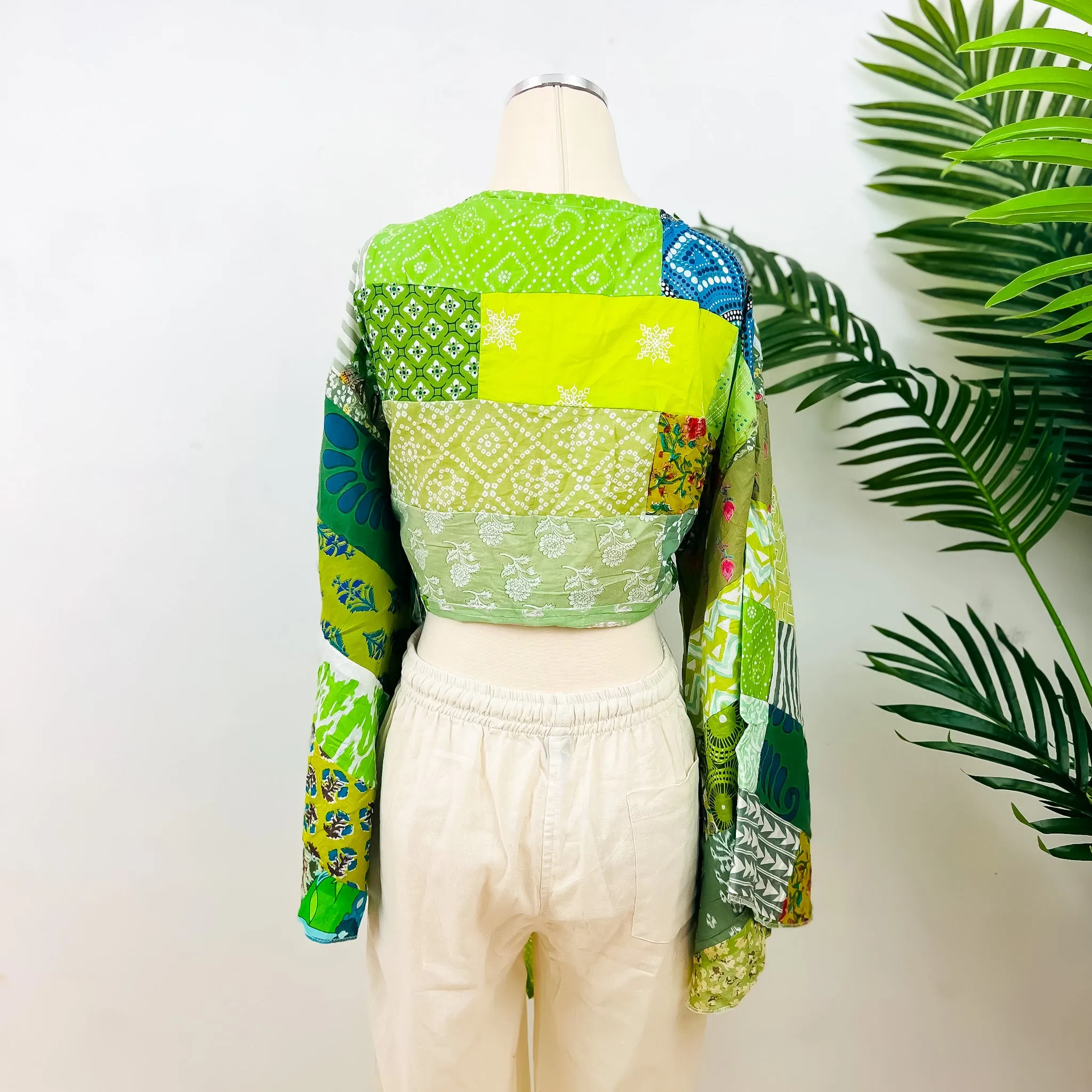 Cotton Patchwork Bell Sleeve Tie Top