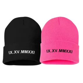 Custom Embroidered Matching Couple Beanies with Roman Numeral Date