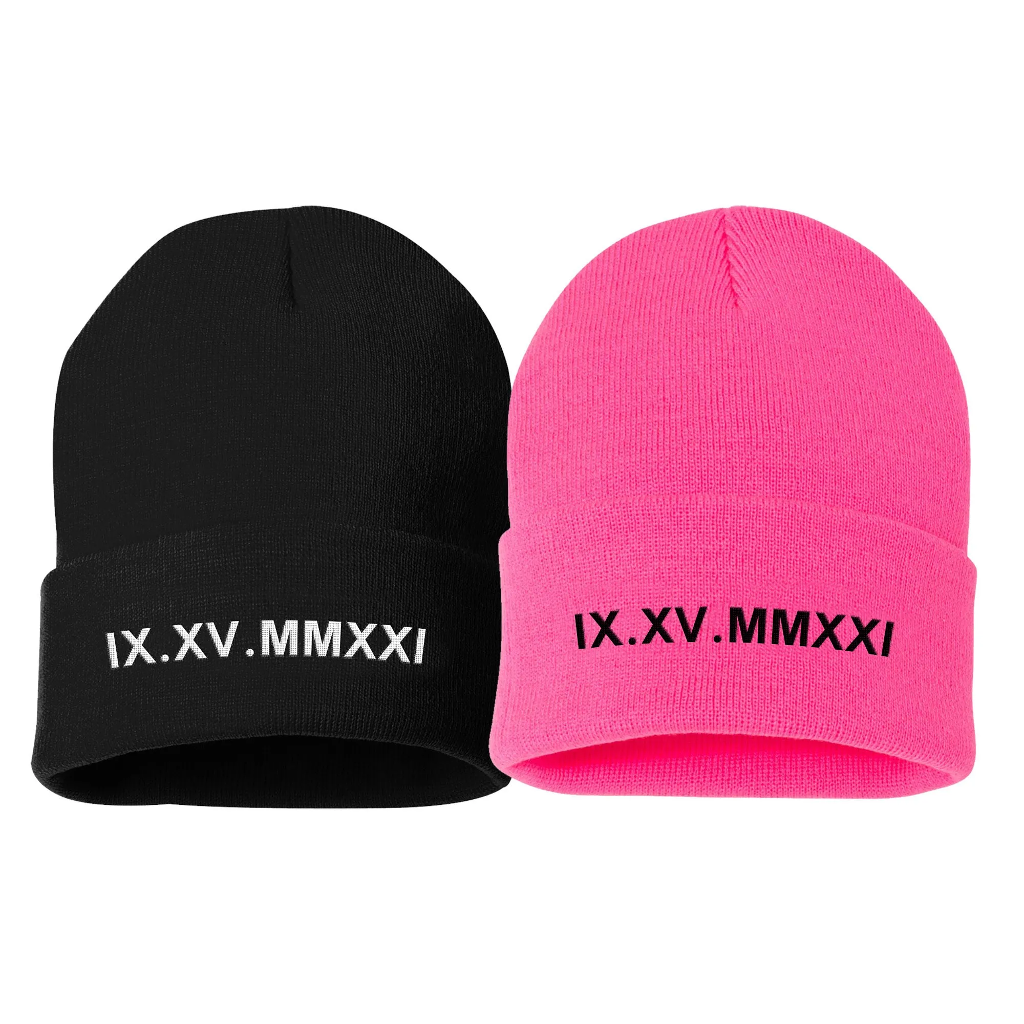 Custom Embroidered Matching Couple Beanies with Roman Numeral Date