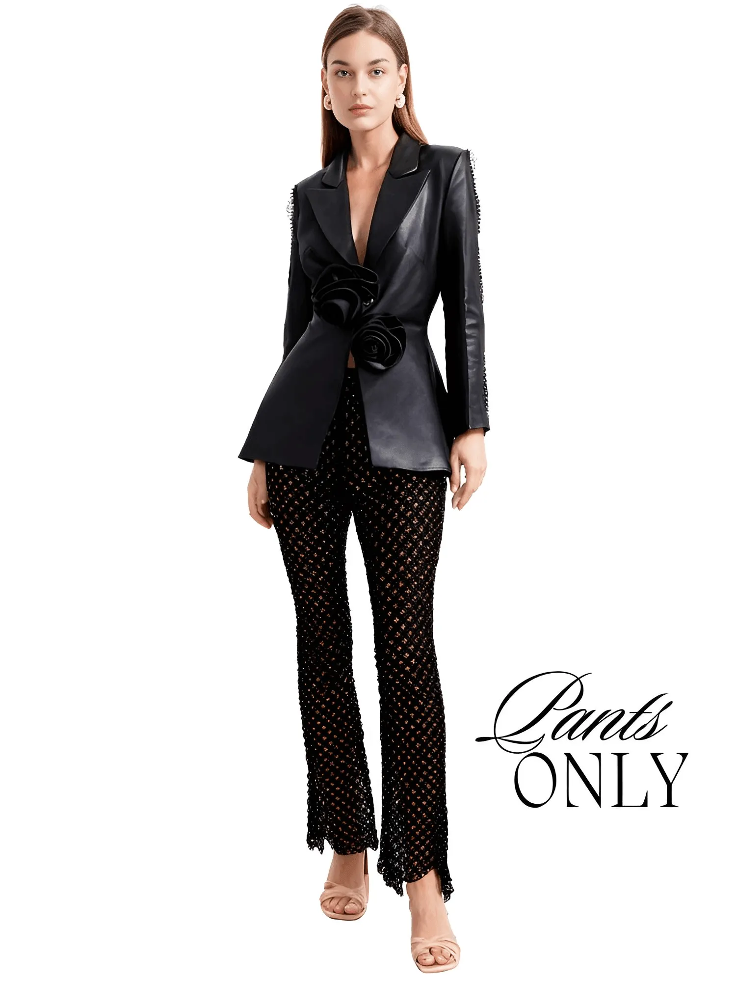 Designer Runway Fashion Women's Hollow Out Pearl Blazer Pant Set