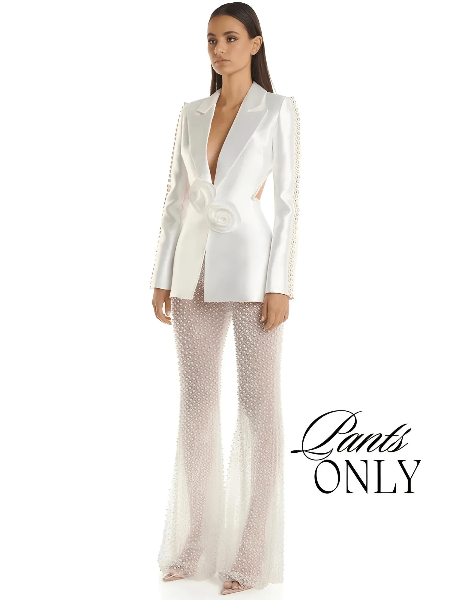 Designer Runway Fashion Women's Hollow Out Pearl Blazer Pant Set