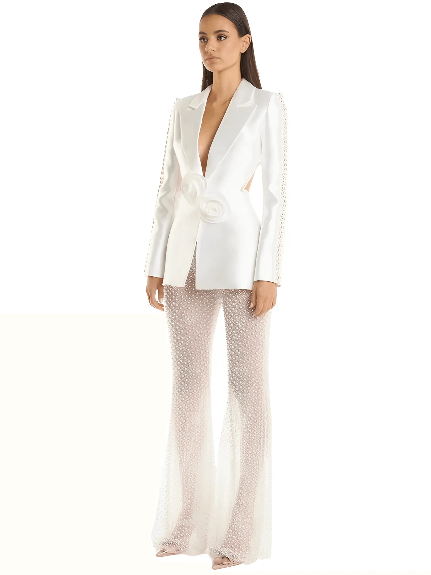Designer Runway Fashion Women's Hollow Out Pearl Blazer Pant Set