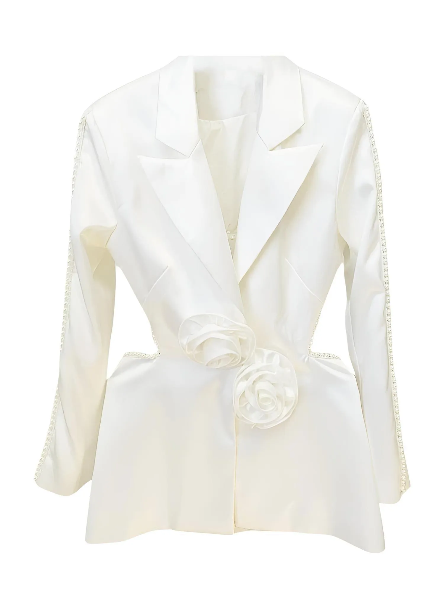 Designer Runway Fashion Women's Hollow Out Pearl Blazer Pant Set