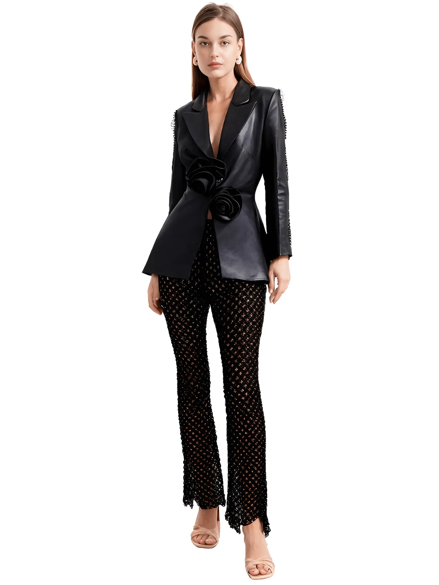Designer Runway Fashion Women's Hollow Out Pearl Blazer Pant Set