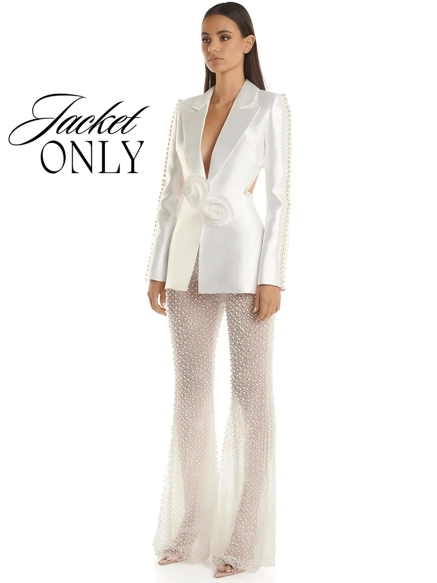 Designer Runway Fashion Women's Hollow Out Pearl Blazer Pant Set