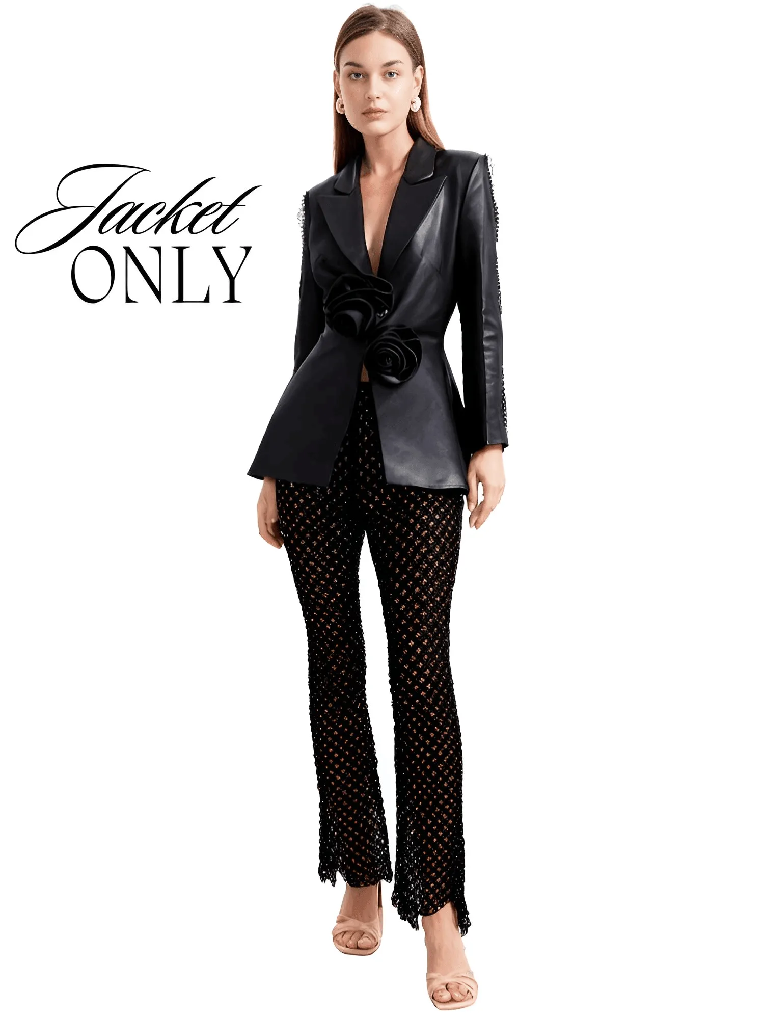 Designer Runway Fashion Women's Hollow Out Pearl Blazer Pant Set