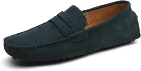 Easy to Put and Remove Smoking Loafer Driving Moccasins for Men Genuine Leather Suede Vamp Penny Loafer Stitching Details Round Toe Soft Flat Heel Flexible Comfortable for All Occasions Navy