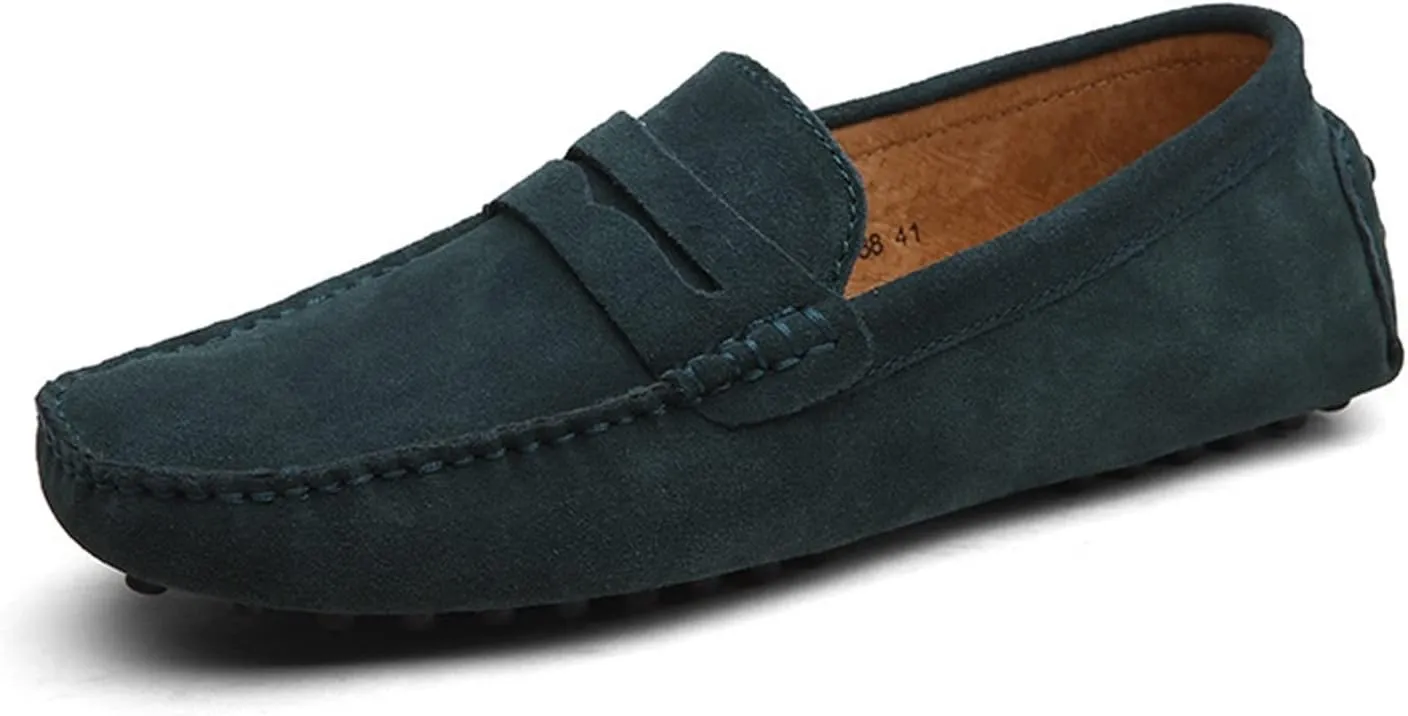 Easy to Put and Remove Smoking Loafer Driving Moccasins for Men Genuine Leather Suede Vamp Penny Loafer Stitching Details Round Toe Soft Flat Heel Flexible Comfortable for All Occasions Navy