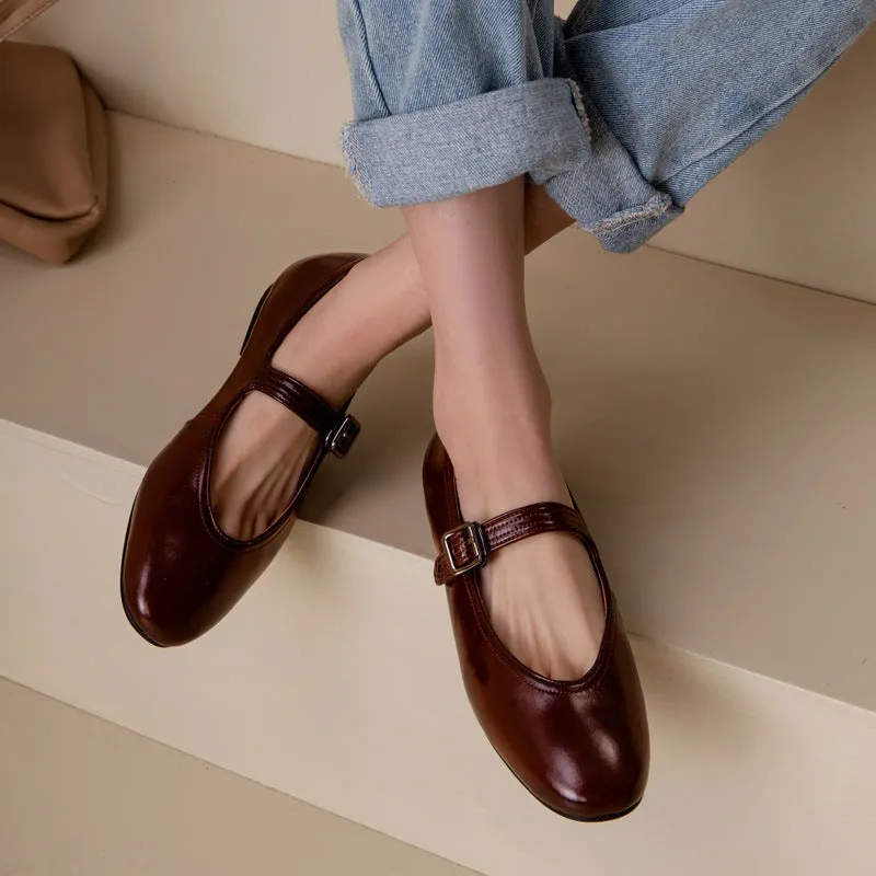 French retro shallow mouth single shoes 40 large size new spring round toe cowhide flat shoes one-word buckle Mary Jane shoes