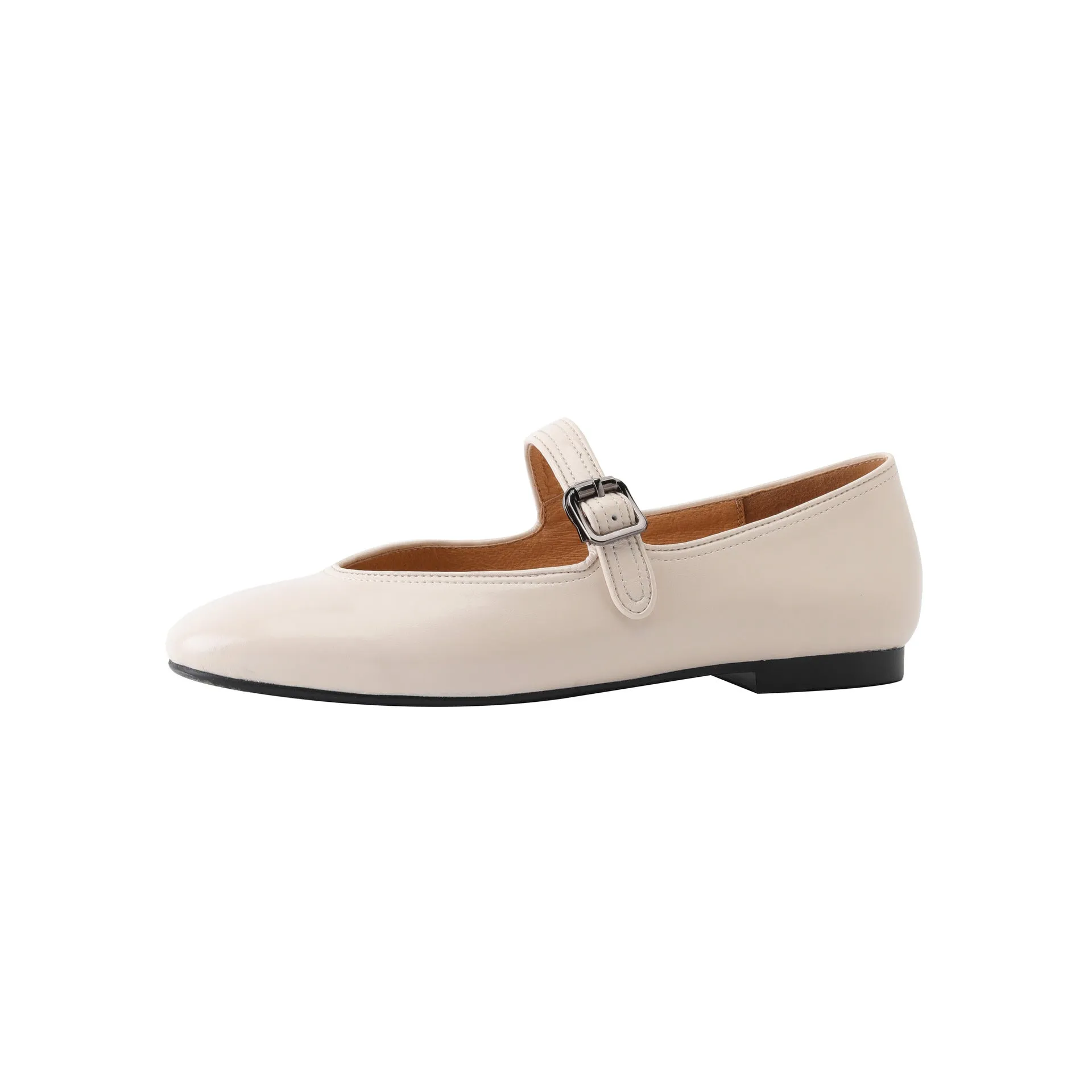 French retro shallow mouth single shoes 40 large size new spring round toe cowhide flat shoes one-word buckle Mary Jane shoes
