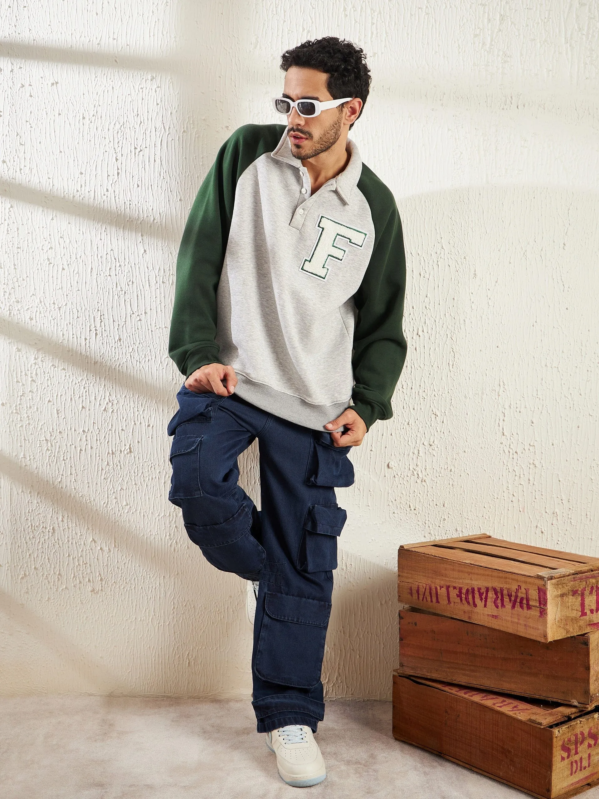 Grey And Green Letterman Raglan Polo Sweatshirt