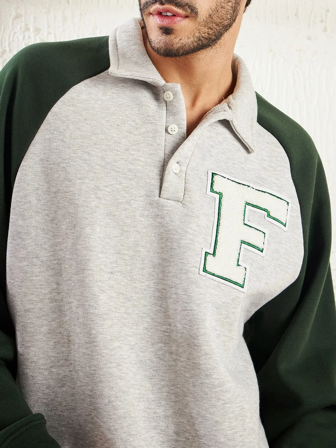 Grey And Green Letterman Raglan Polo Sweatshirt