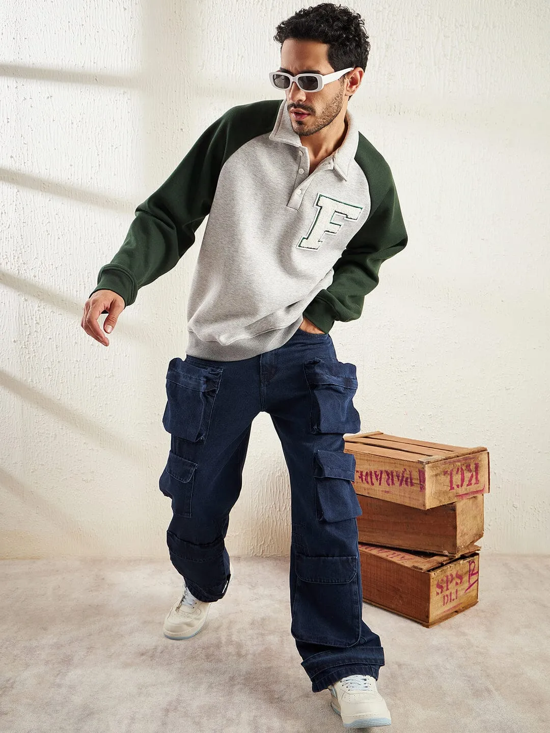 Grey And Green Letterman Raglan Polo Sweatshirt