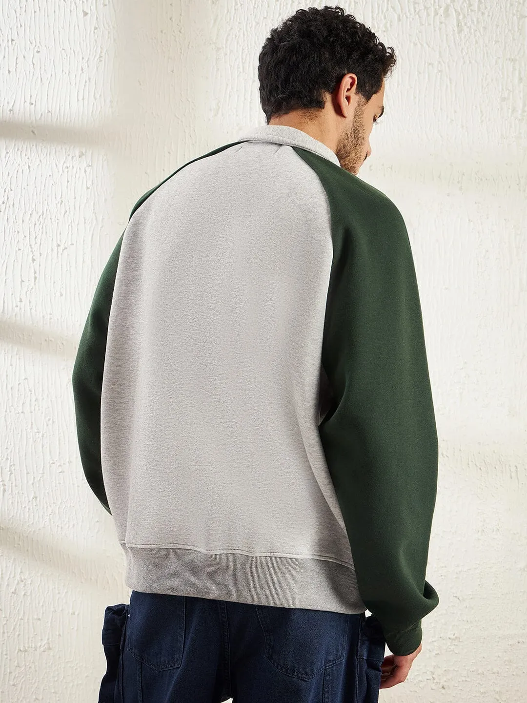 Grey And Green Letterman Raglan Polo Sweatshirt
