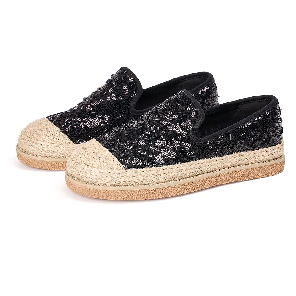 JOY&MARIO Handmade Women’s Slip-On Espadrille Sequins Mesh Loafers in Grey-69280W