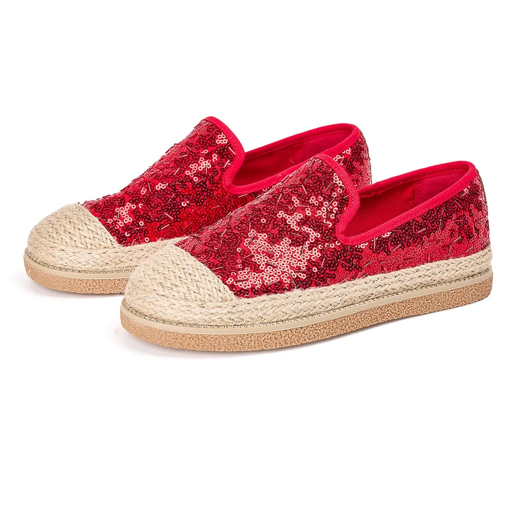 JOY&MARIO Handmade Women’s Slip-On Espadrille Sequins Mesh Loafers in Grey-69280W