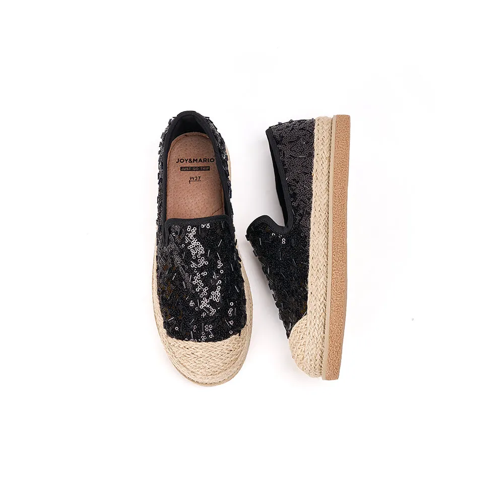 JOY&MARIO Handmade Women’s Slip-On Espadrille Sequins Mesh Loafers in Grey-69280W