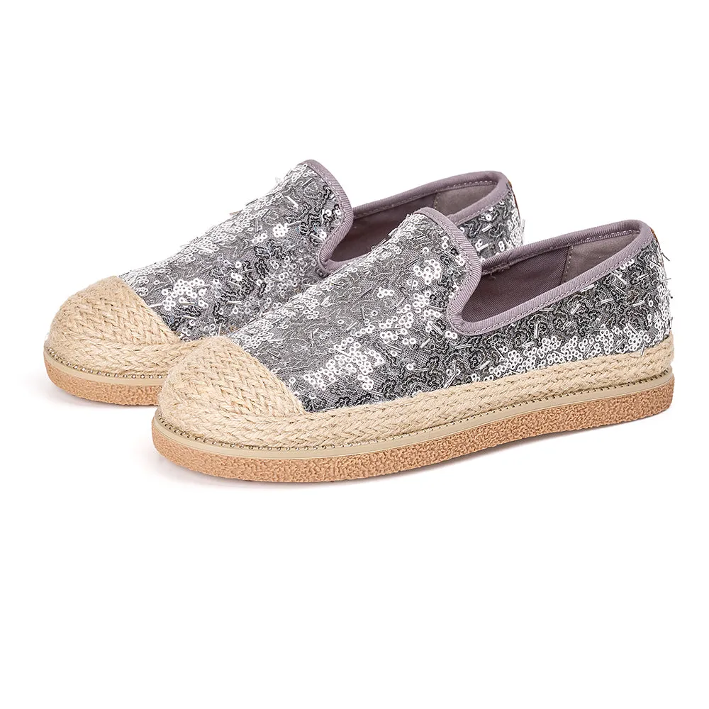 JOY&MARIO Handmade Women’s Slip-On Espadrille Sequins Mesh Loafers in Grey-69280W
