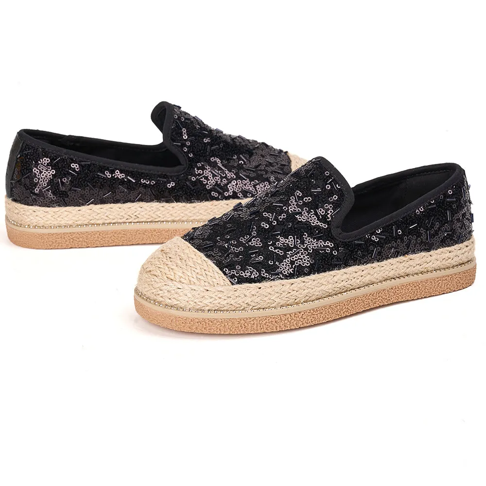JOY&MARIO Handmade Women’s Slip-On Espadrille Sequins Mesh Loafers in Grey-69280W