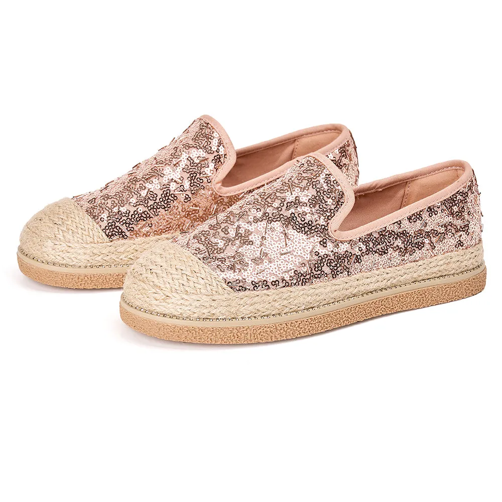 JOY&MARIO Handmade Women’s Slip-On Espadrille Sequins Mesh Loafers in Grey-69280W