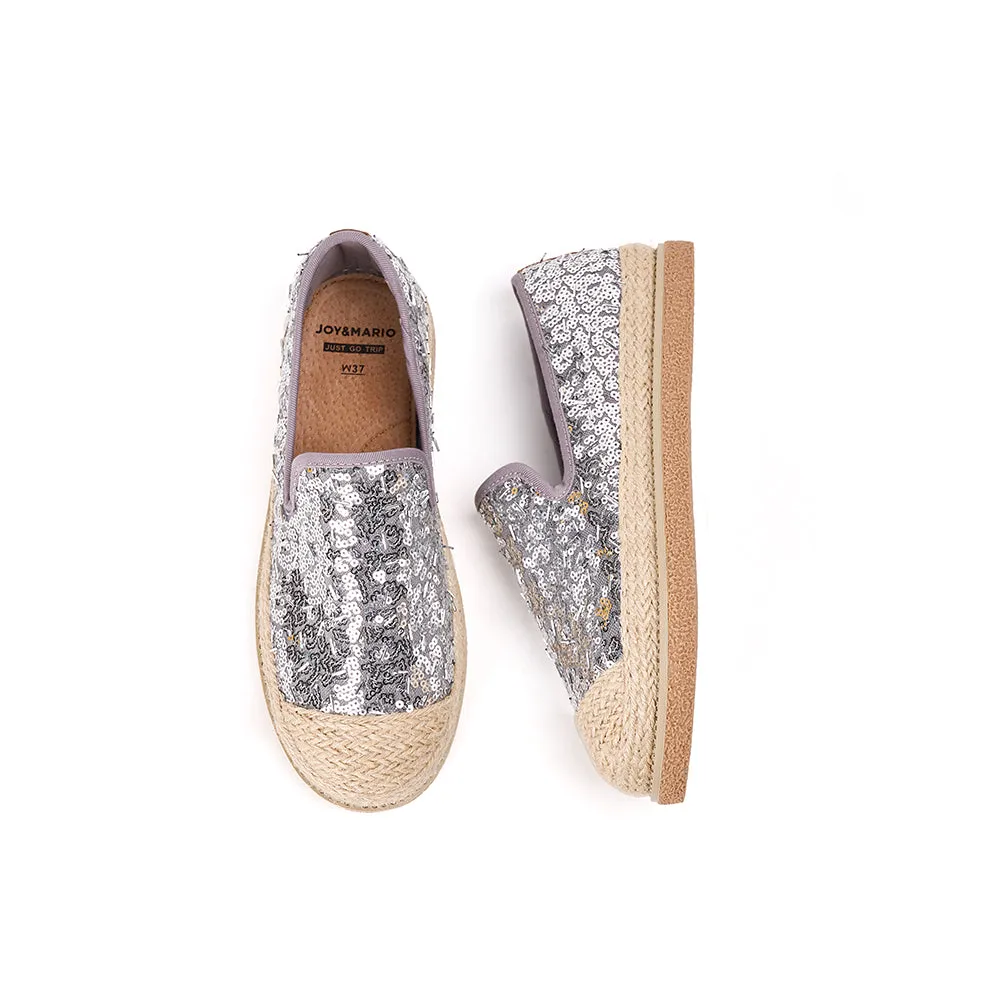 JOY&MARIO Handmade Women’s Slip-On Espadrille Sequins Mesh Loafers in Grey-69280W