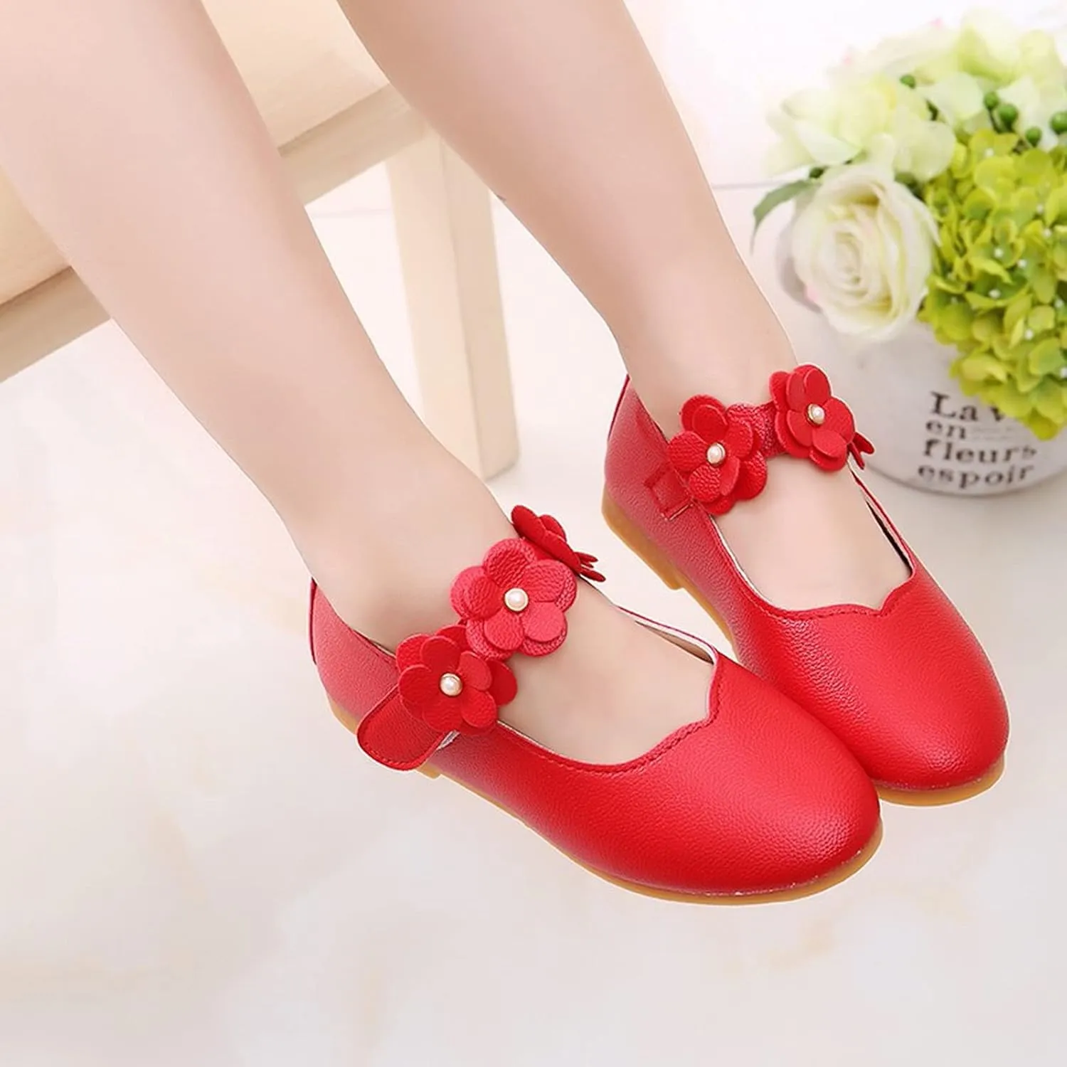 Kids Girls Mary Jane Ballerina Flats Toddler Bridesmaid Non-Slip Soft Slip On Flat Dress Shoes with Flower Strap