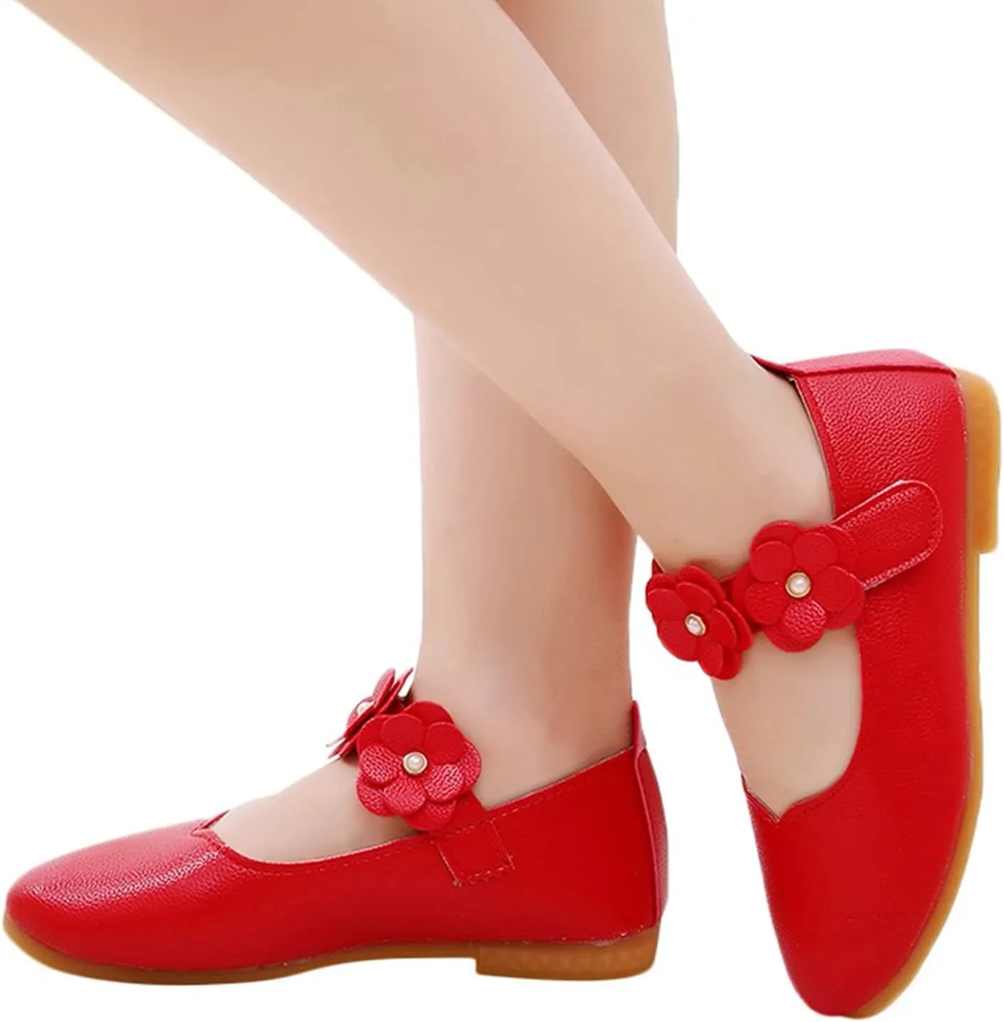 Kids Girls Mary Jane Ballerina Flats Toddler Bridesmaid Non-Slip Soft Slip On Flat Dress Shoes with Flower Strap