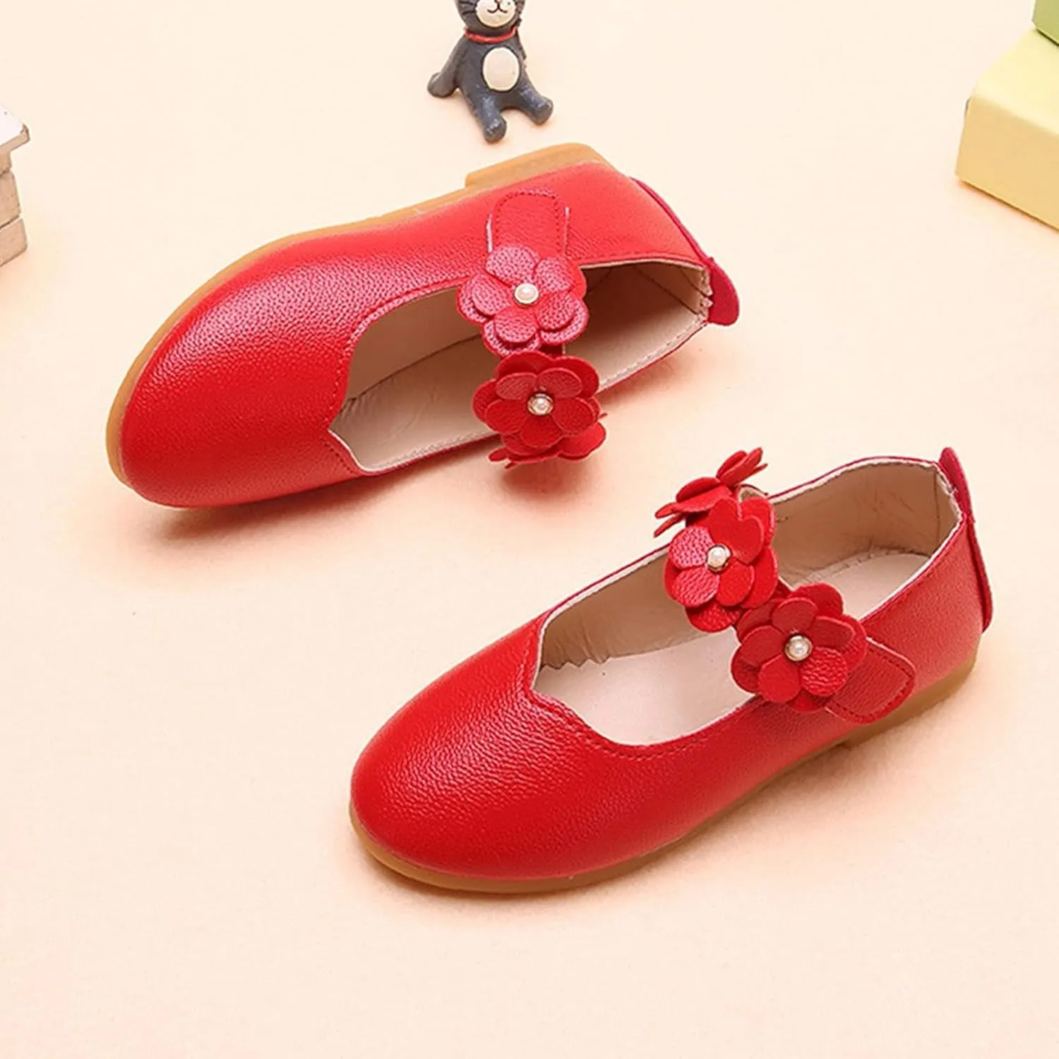 Kids Girls Mary Jane Ballerina Flats Toddler Bridesmaid Non-Slip Soft Slip On Flat Dress Shoes with Flower Strap