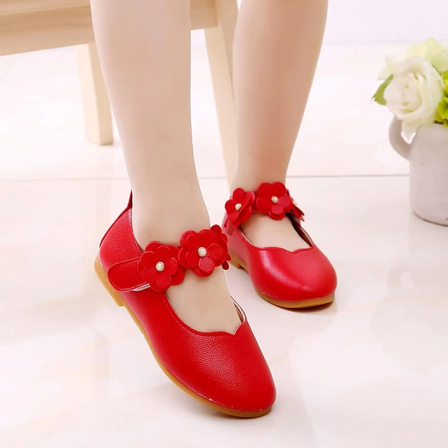 Kids Girls Mary Jane Ballerina Flats Toddler Bridesmaid Non-Slip Soft Slip On Flat Dress Shoes with Flower Strap