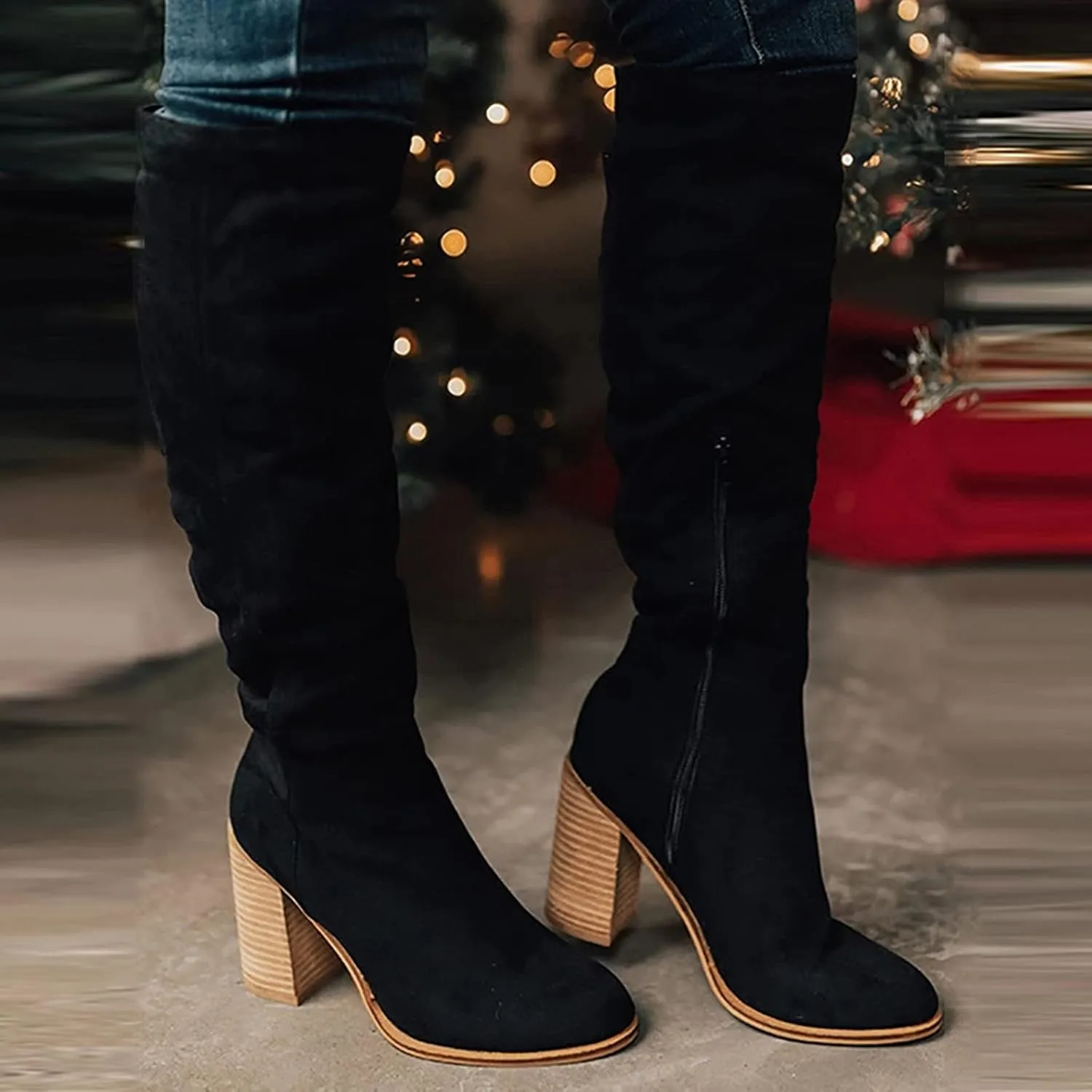 Knee High Boots Chunky Heels Women Boots Knee High Comfortable Chunky Heels Zipper Fashion Women Pointed Toe Boots