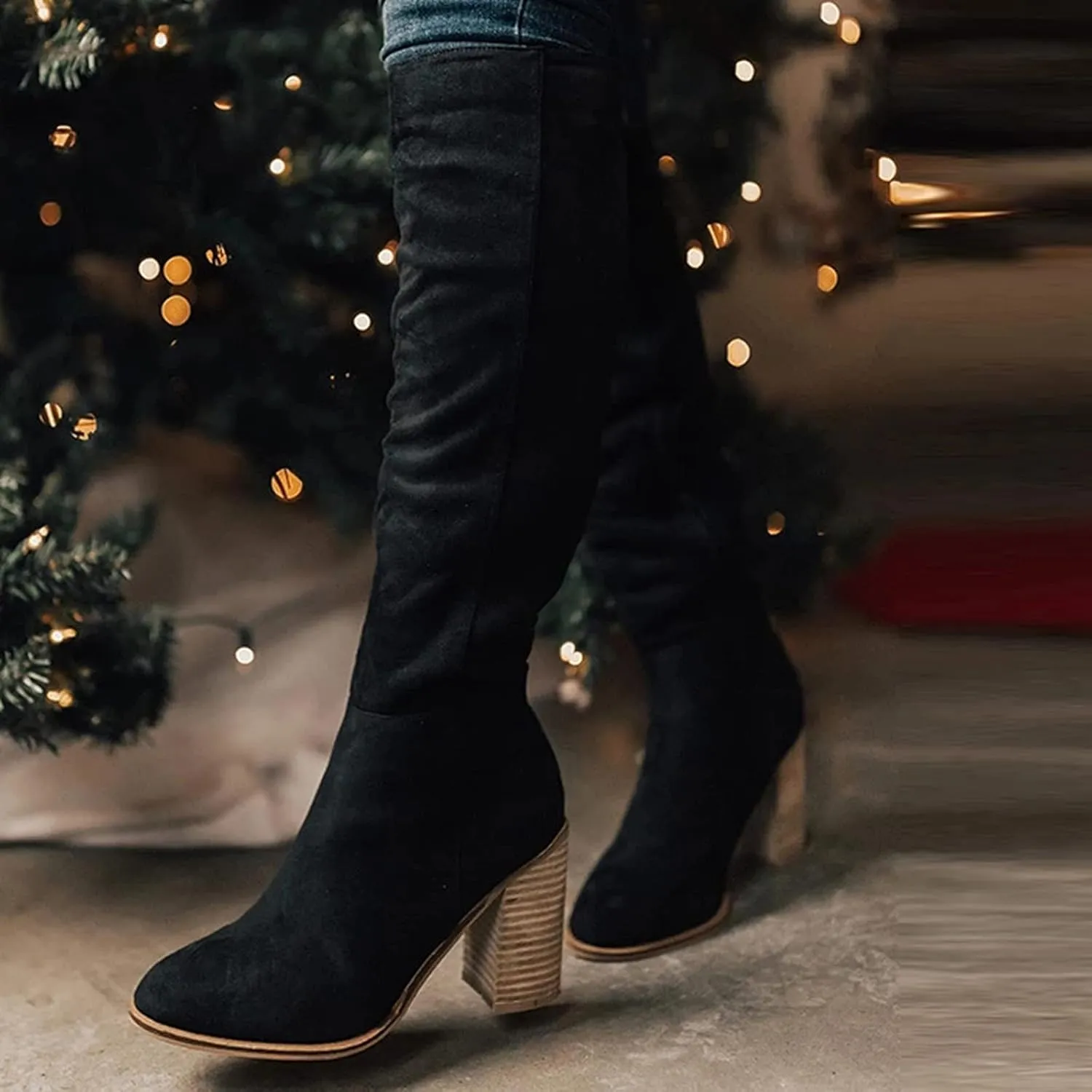 Knee High Boots Chunky Heels Women Boots Knee High Comfortable Chunky Heels Zipper Fashion Women Pointed Toe Boots