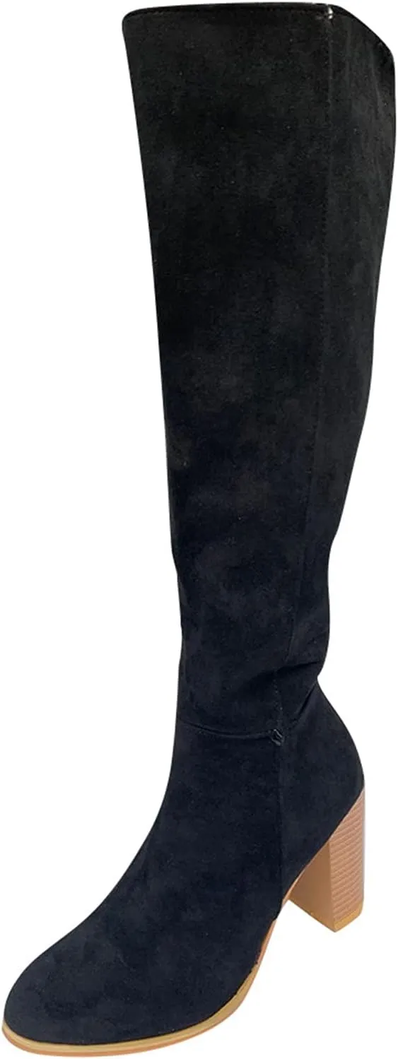 Knee High Boots Chunky Heels Women Boots Knee High Comfortable Chunky Heels Zipper Fashion Women Pointed Toe Boots