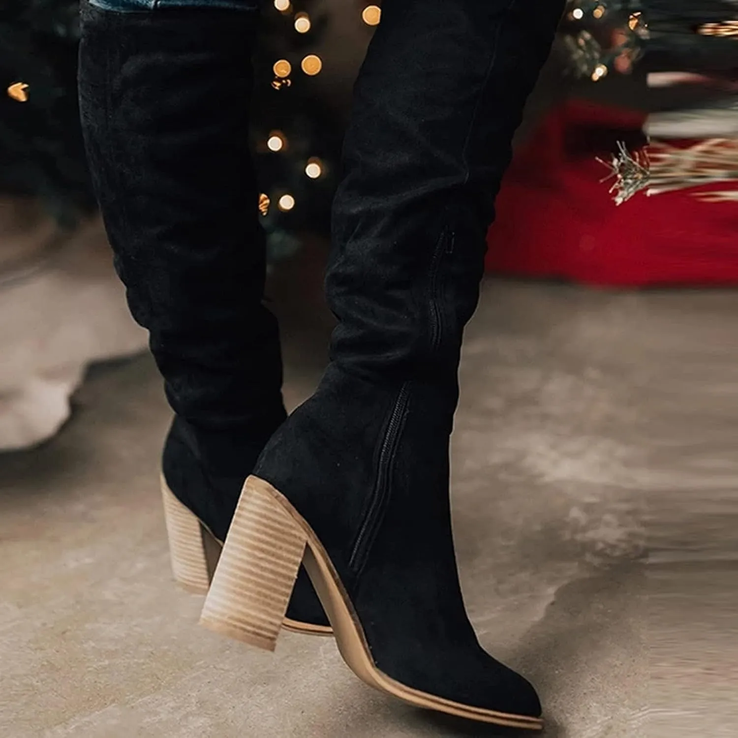 Knee High Boots Chunky Heels Women Boots Knee High Comfortable Chunky Heels Zipper Fashion Women Pointed Toe Boots