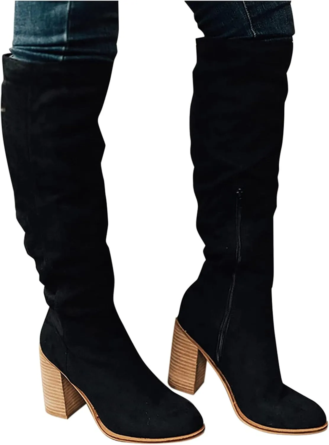 Knee High Boots Chunky Heels Women Boots Knee High Comfortable Chunky Heels Zipper Fashion Women Pointed Toe Boots