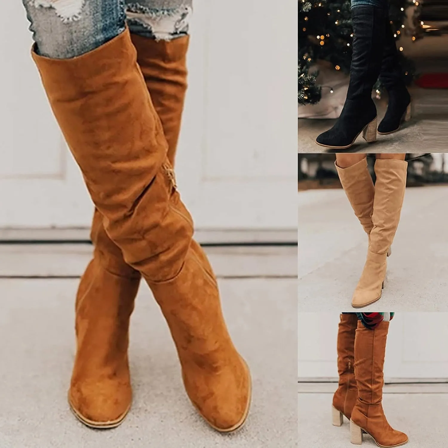 Knee High Boots Chunky Heels Women Boots Knee High Comfortable Chunky Heels Zipper Fashion Women Pointed Toe Boots
