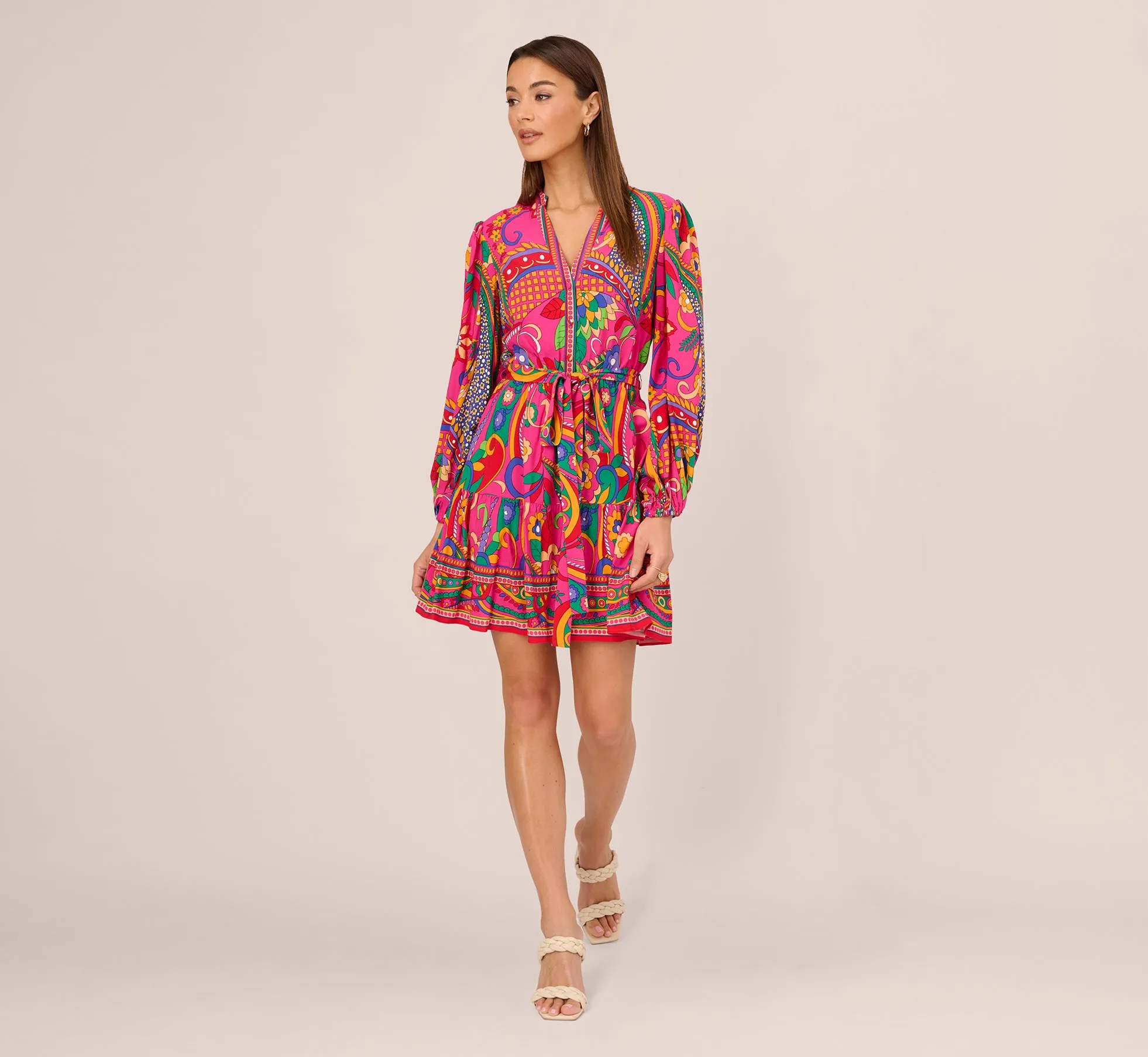 Long Sleeve Retro Printed A Line Dress In Pink Multi