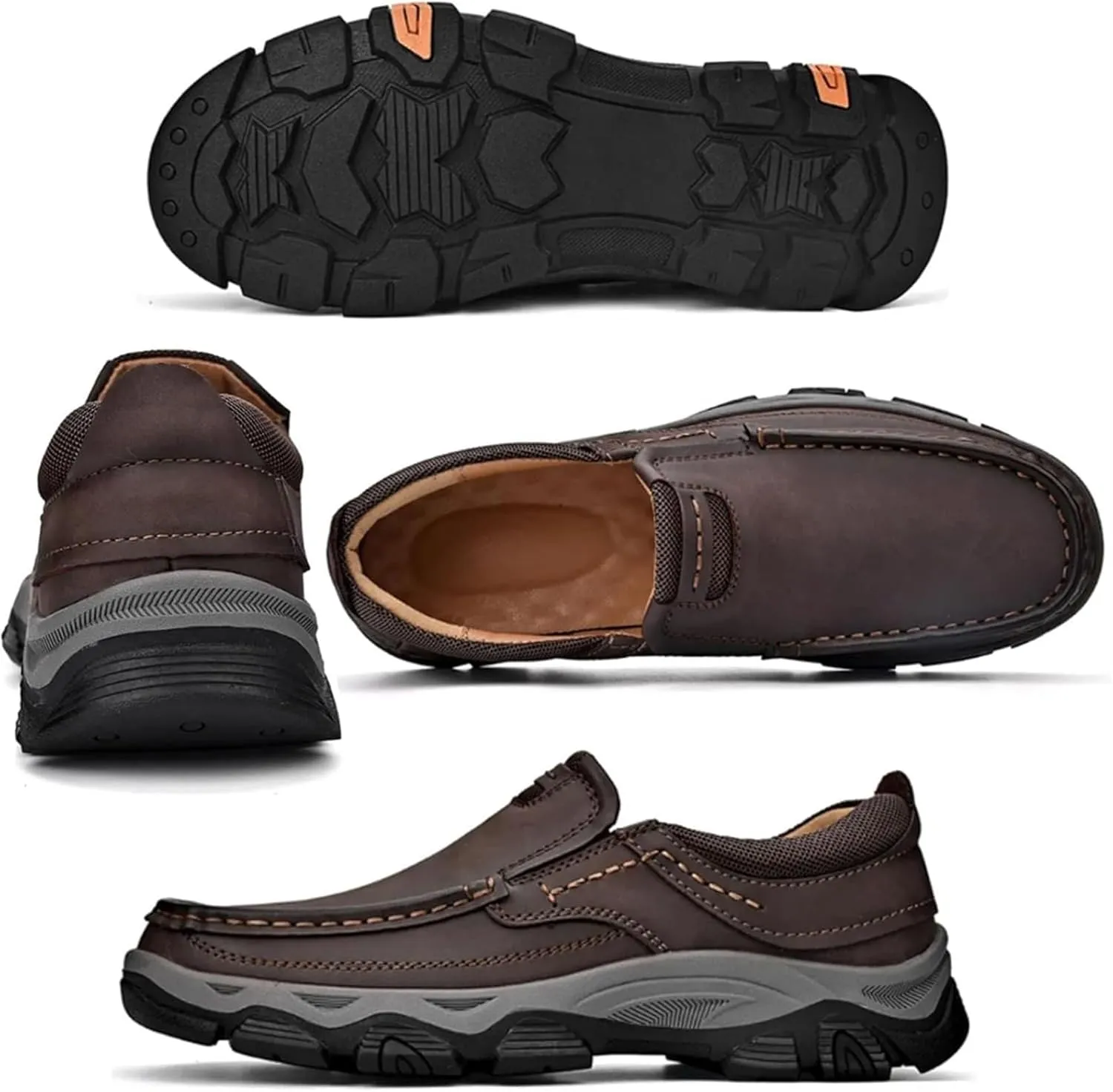 Men's Outdoor Waterproof Hiking Shoes Slip-on Loafers Lace-up Fashionable Square Toe Breathable Non-Slip Leather Shoes Wear-Resistant Work Shoes for Men