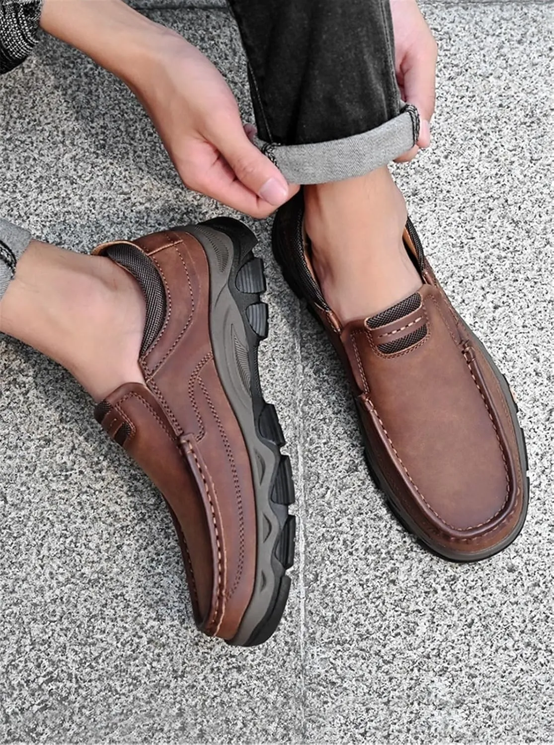 Men's Outdoor Waterproof Hiking Shoes Slip-on Loafers Lace-up Fashionable Square Toe Breathable Non-Slip Leather Shoes Wear-Resistant Work Shoes for Men
