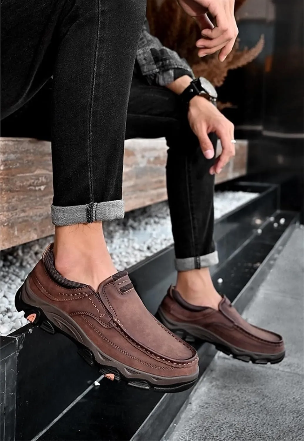 Men's Outdoor Waterproof Hiking Shoes Slip-on Loafers Lace-up Fashionable Square Toe Breathable Non-Slip Leather Shoes Wear-Resistant Work Shoes for Men