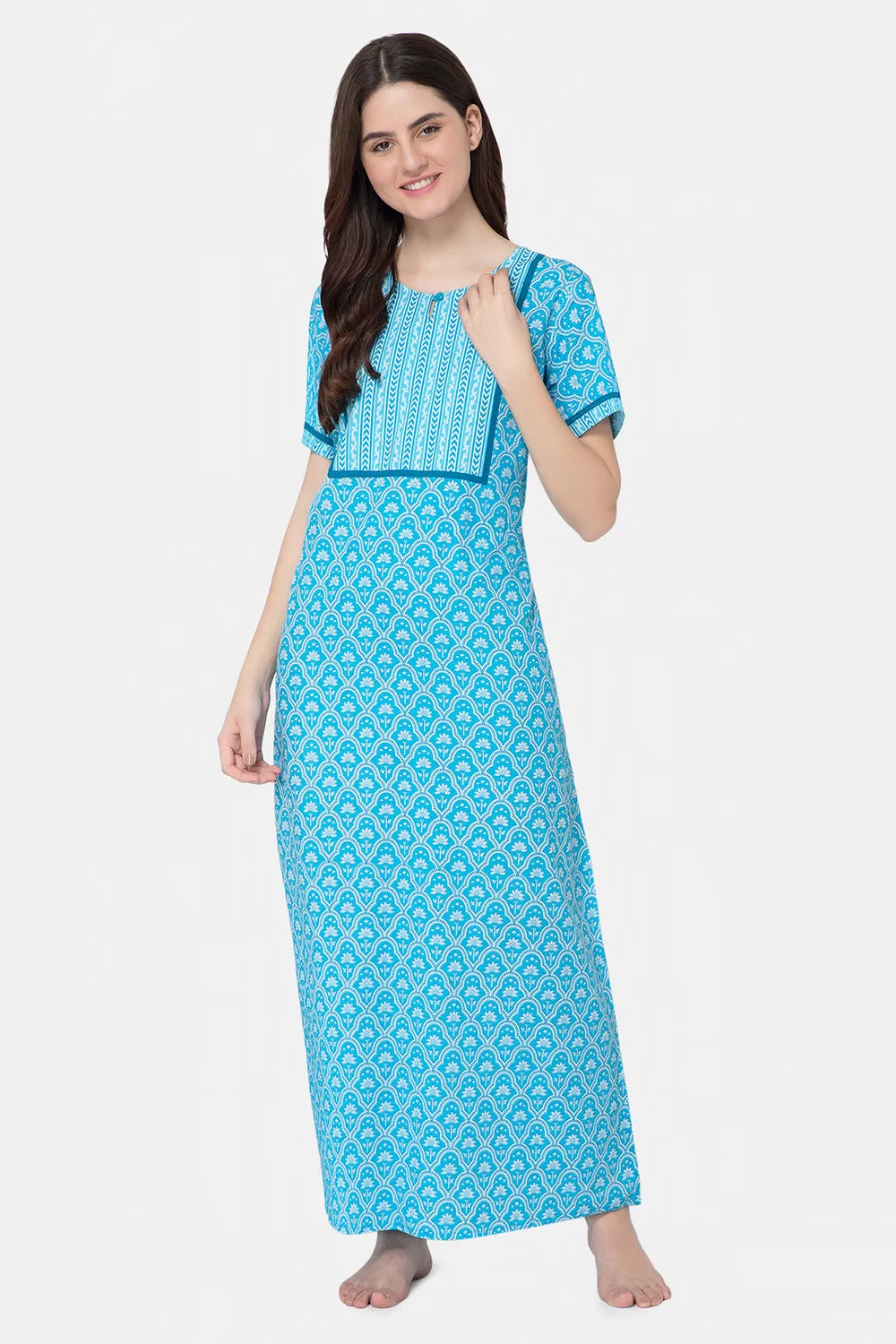 Naidu Hall Round Neck Half Sleeve Pull-On Nighty - Blue - NT20